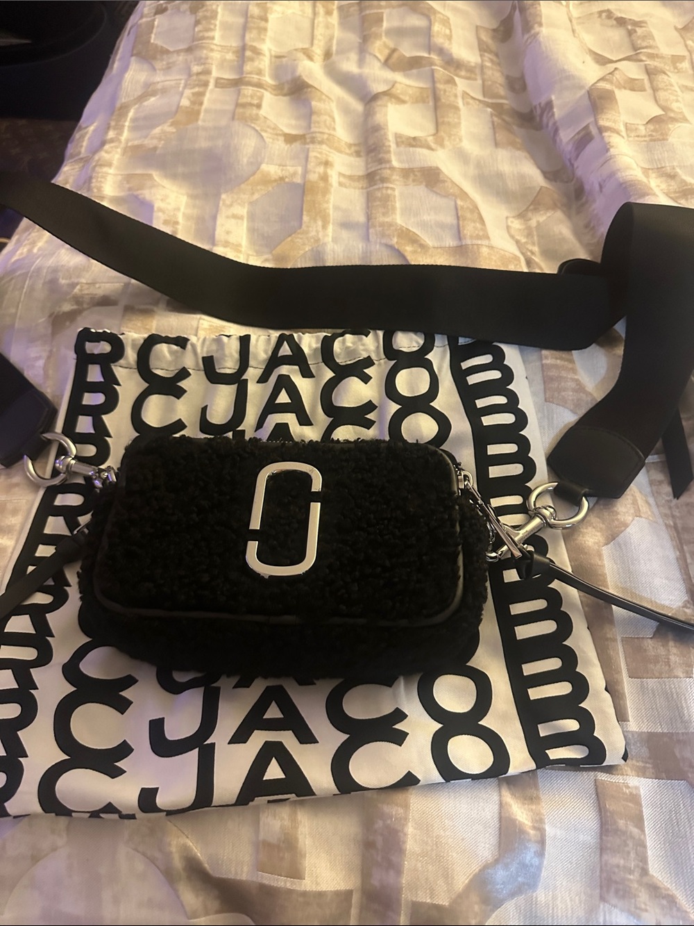 Marc Jacobs Black Shearling Teddy Crossbody Snapshot with Silver logo